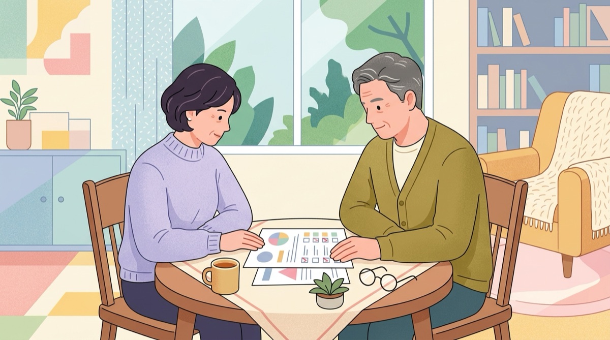 건강검진 판정 결과 종합소견 칸을 확인하는 중년 부부