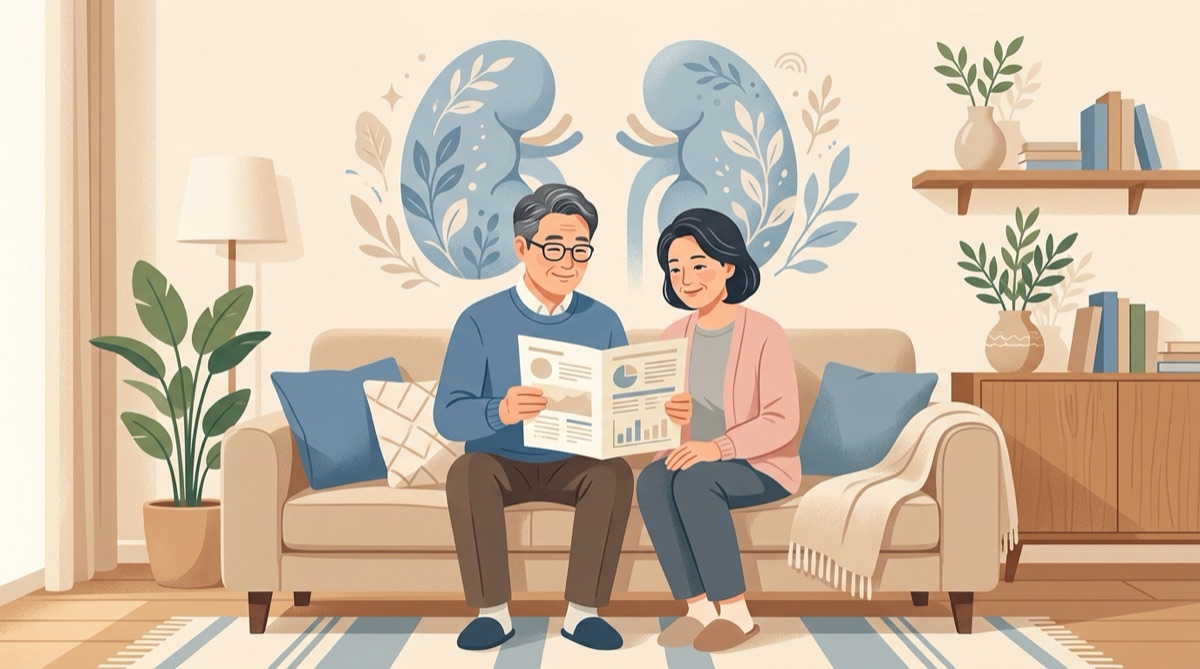 사구체여과율 eGFR 크레아티닌 수치가 적힌 건강검진 결과지를 확인하는 중년 부부