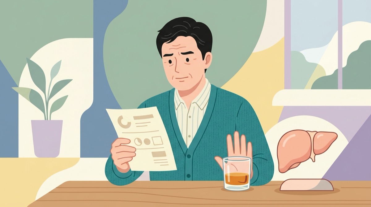 감마지티피 수치 높게 나온 건강검진 결과지를 보는 술을 마시지 않는 중년
