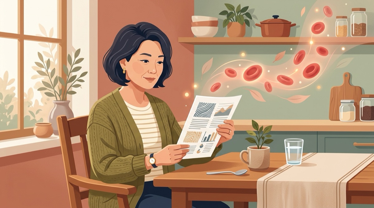 혈색소 낮음 빈혈 판정 기준을 결과지에서 확인하는 중년 여성