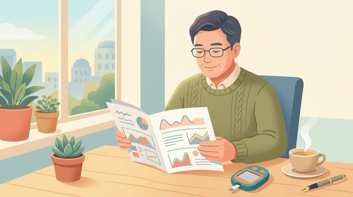 공복혈당장애 판정 결과지를 확인하는 중년