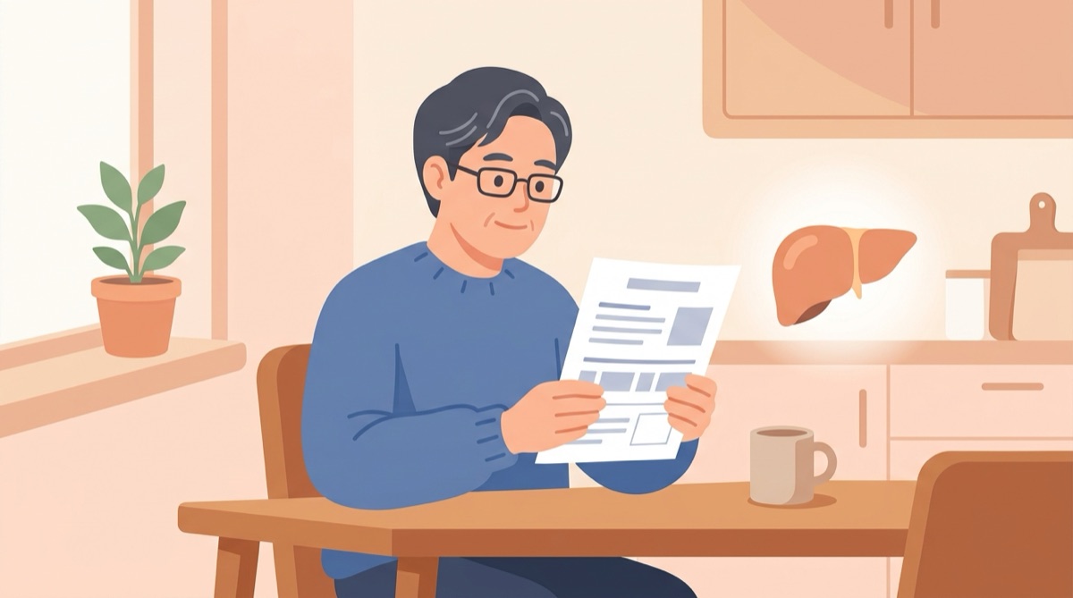간수치 AST ALT 높게 나온 건강검진 결과지를 확인하는 중년