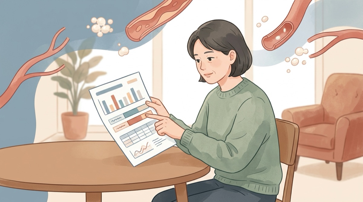 중성지방 HDL 수치가 적힌 건강검진 결과지를 보는 중년
