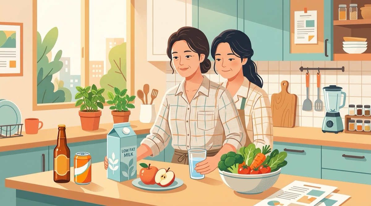 요산 수치 높음 관리를 위해 물과 채소, 저지방 우유를 고르는 장면